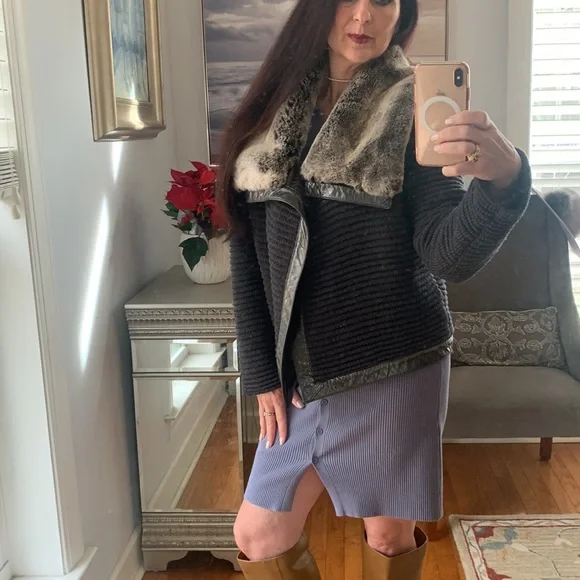 ST. JOHN Designer fur Coat Jacket Leather Wool Rabbit Gray S 4 6 Luxury - Picture 12 of 14